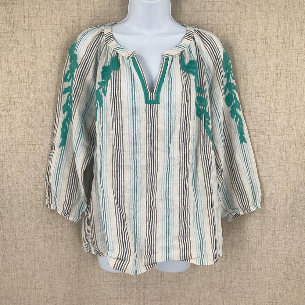 J. Jill Love Linen Top Striped Embroidered Peasant Teal Sz XS Breathable Earthy